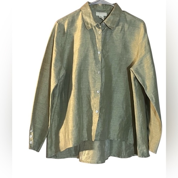 J.Jill Linen button down Blouse long line lgt Green Coastal Casual Lagenlook 10T - Picture 1 of 9